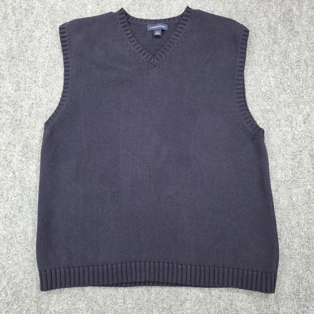 Vintage Lands End Sweater Vest Mens Large Blue Navy V Neck Knit Pullover Casual